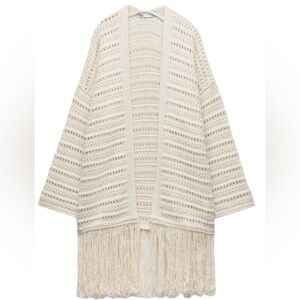 Zara Ivory Knit Long Sleeve Cardigan With Fringe NWT Size L~XL